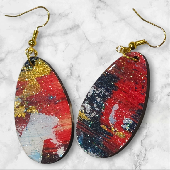 Handmade Jewelry - Americana Red White Blue Abstract Earrings Handmade Hand Crafted E015